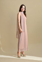 Ikonic Klaer Women Solid Shimmer High-Neck Maxi Dress with Draped Overlay