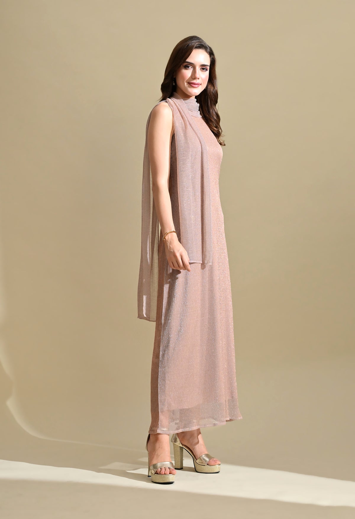 Ikonic Klaer Women Solid Shimmer High-Neck Maxi Dress with Draped Overlay