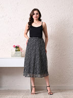Women Black & White Printed A-Line Midi Skirt | Elasticated Waist | Lined Flared Skirt