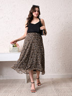 Women Brown & Black Animal Print A-Line Midi Skirt | Elasticated Waist | Flared Casual Skirt