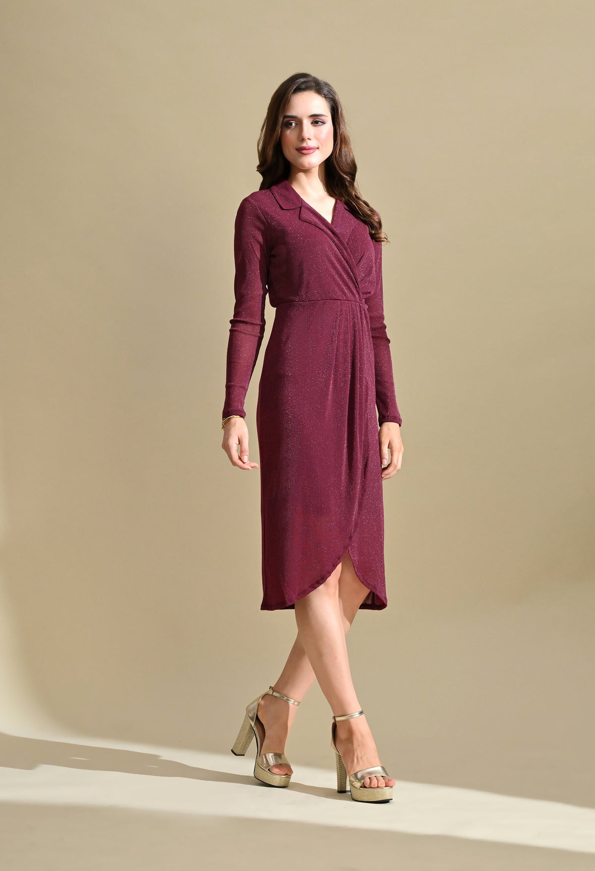 Ikonic Klaer Women Solid Shimmer Wrap Midi Dress with Lapel Collar