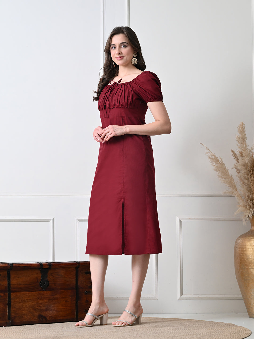 IKONIC KLAER Women Burgundy Solid Square Neck Puff Sleeve Midi Dress