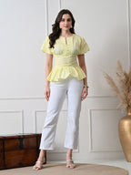 Ikonic klaer Women Solid Pintuck Peplum Top with Puff Sleeves