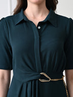 Women Solid Shirt Collar A-Line Midi Dress with Metal Chain Waist Detail