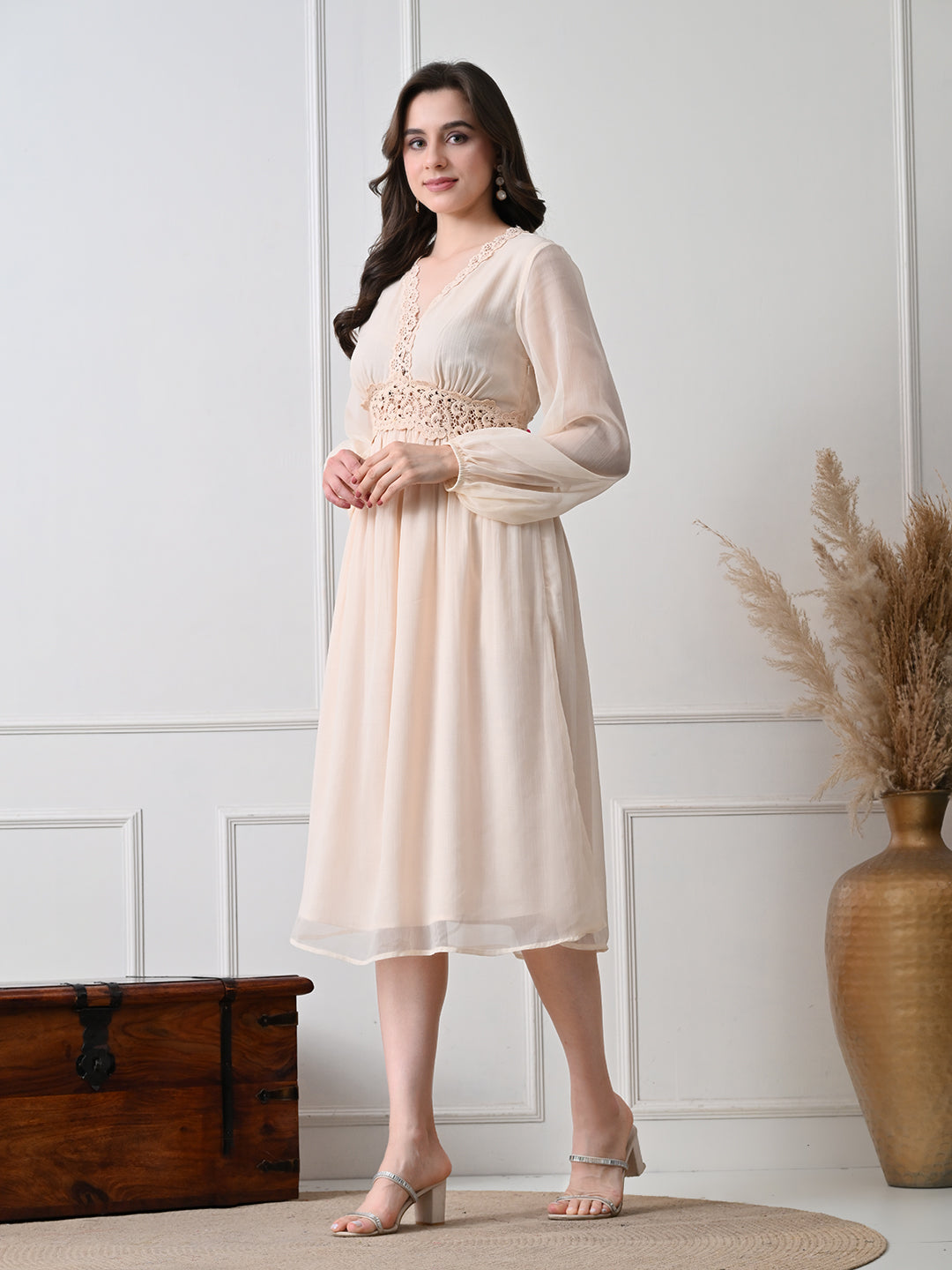Women's Cream Self Design Lace Detail V-Neck Empire Midi Dress