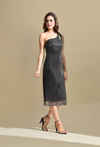 Women Black Metallic One Shoulder Bodycon Midi Dress