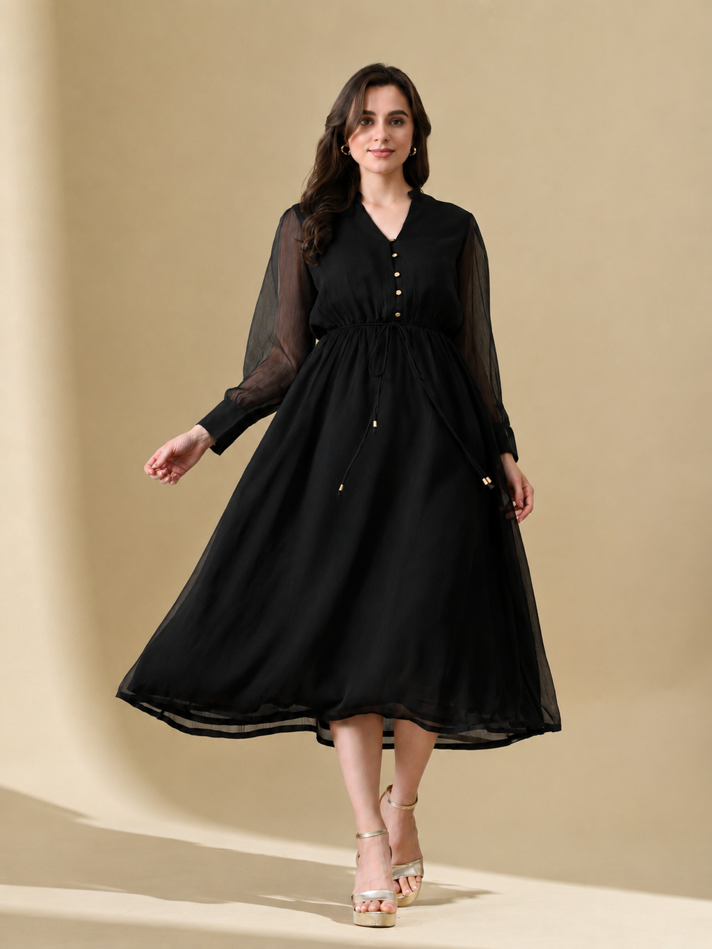 Women Black Solid V-Neck Tie-Up Waist Fit & Flare Midi Dress