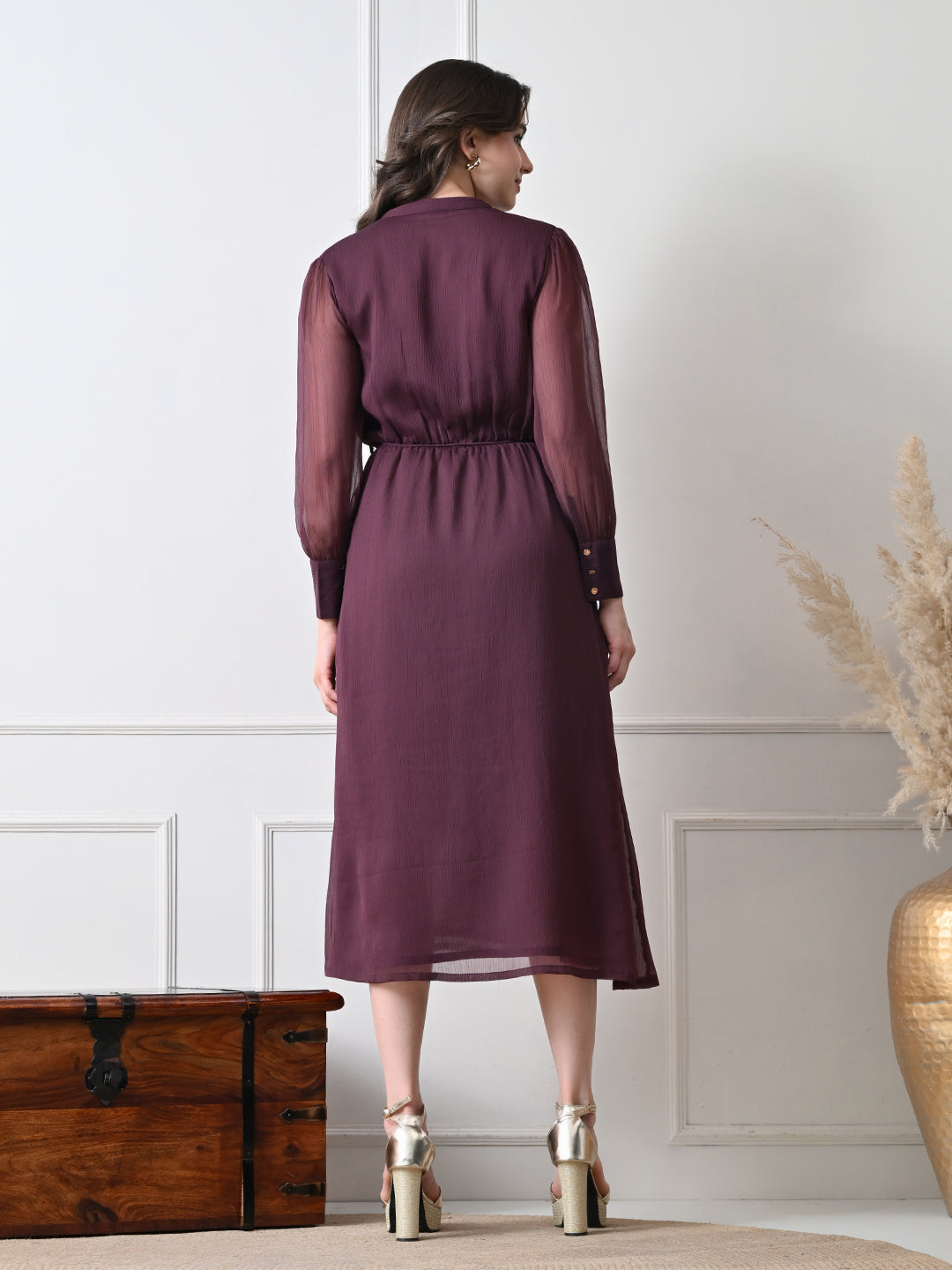 Women Purple Solid Long Sleeve Midi Dress