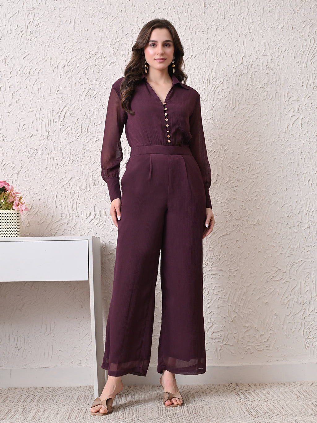 Women Solid Textured Shirt Collar Full Sleeve Wide Leg Jumpsuit
