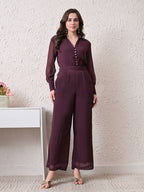 Women Solid Textured Shirt Collar Full Sleeve Wide Leg Jumpsuit