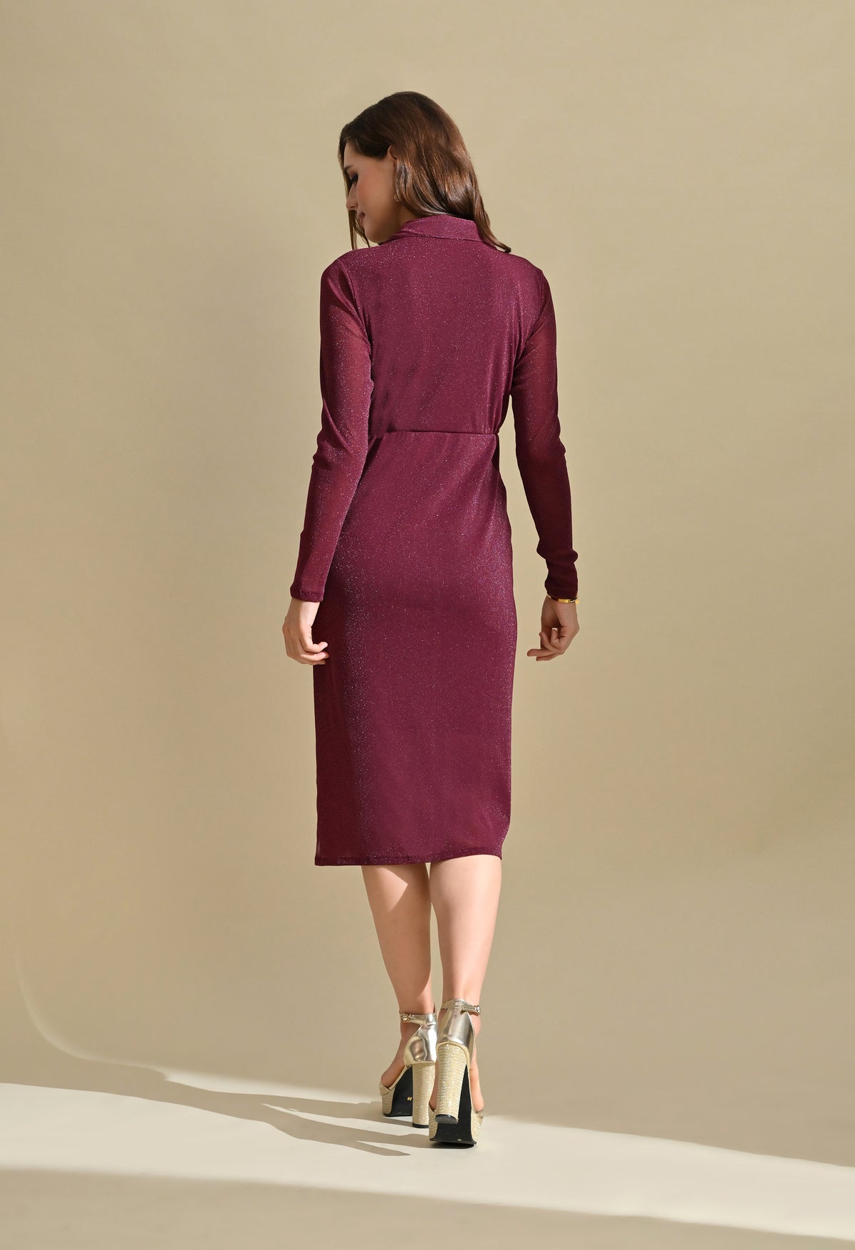 Ikonic Klaer Women Solid Shimmer Wrap Midi Dress with Lapel Collar
