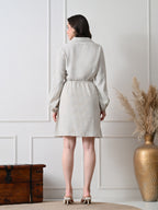 Women Beige Solid Shirt Collar Drawstring Waist Shirt Dress