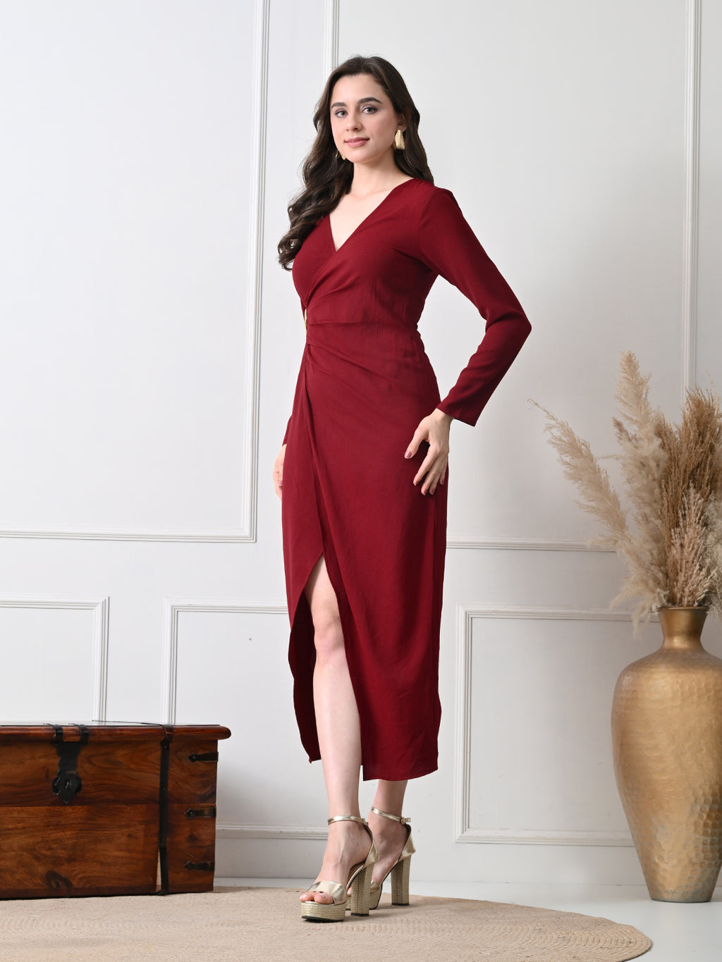 IKONIC KLAER Women Burgandy Solid Wrap Style Midi Dress with Metal Buckle Detail