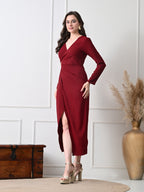 IKONIC KLAER Women Burgandy Solid Wrap Style Midi Dress with Metal Buckle Detail