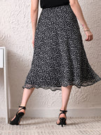 Women Black & White Printed A-Line Midi Skirt | Elasticated Waist | Lined Flared Skirt