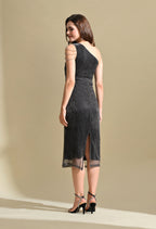 Women Black Metallic One Shoulder Bodycon Midi Dress