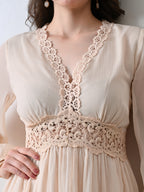 Women's Cream Self Design Lace Detail V-Neck Empire Midi Dress