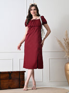 IKONIC KLAER Women Burgundy Solid Square Neck Puff Sleeve Midi Dress