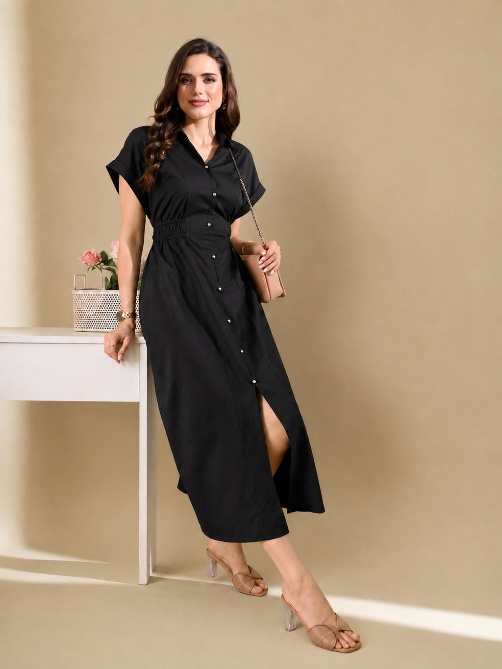 Women Black Solid Shirt Collar Fit & Flare Midi Dress