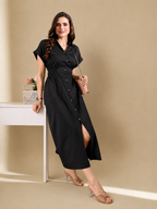 Women Black Solid Shirt Collar Fit & Flare Midi Dress