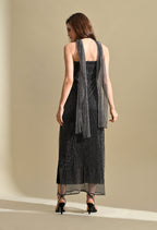Women Black Metallic Halter Neck Pleated Maxi Dress