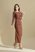 Ikonic Klaer Women Solid Shimmer One Shoulder Draped Midi Dress