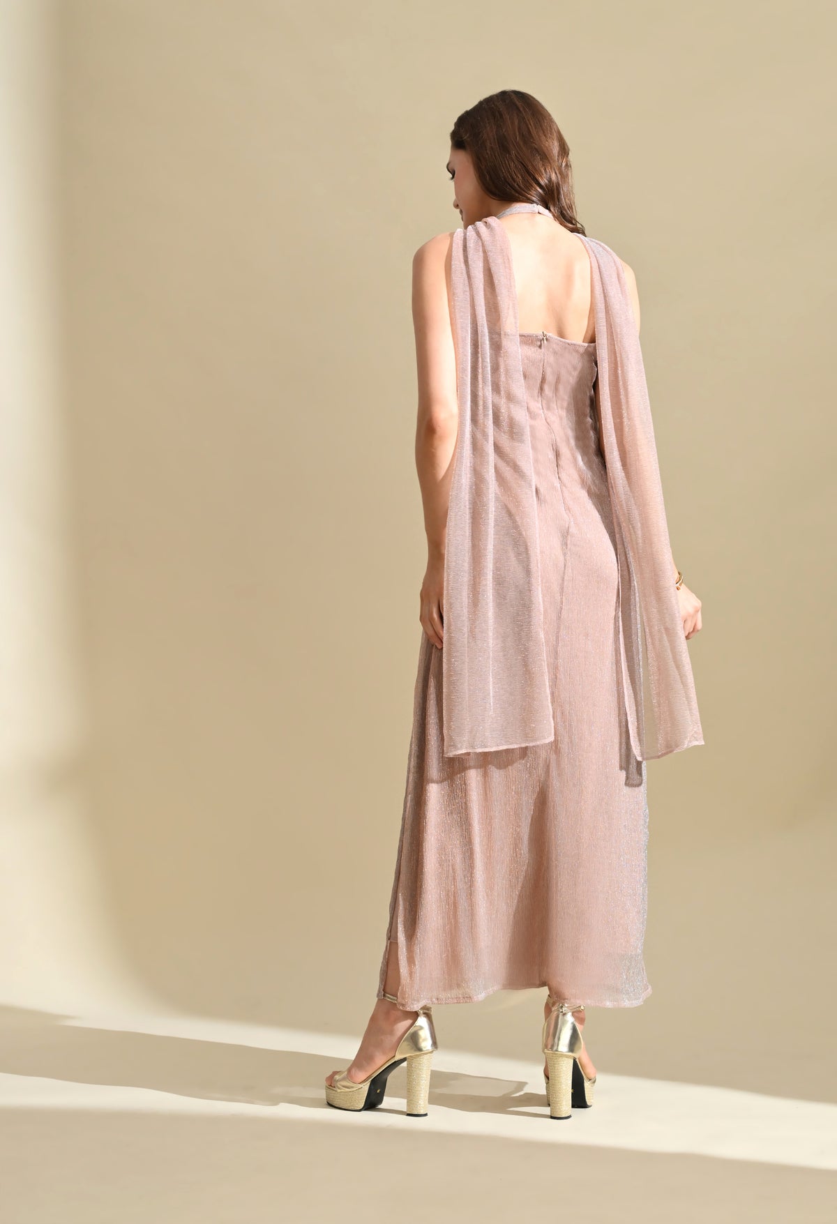 Ikonic Klaer Women Solid Shimmer High-Neck Maxi Dress with Draped Overlay