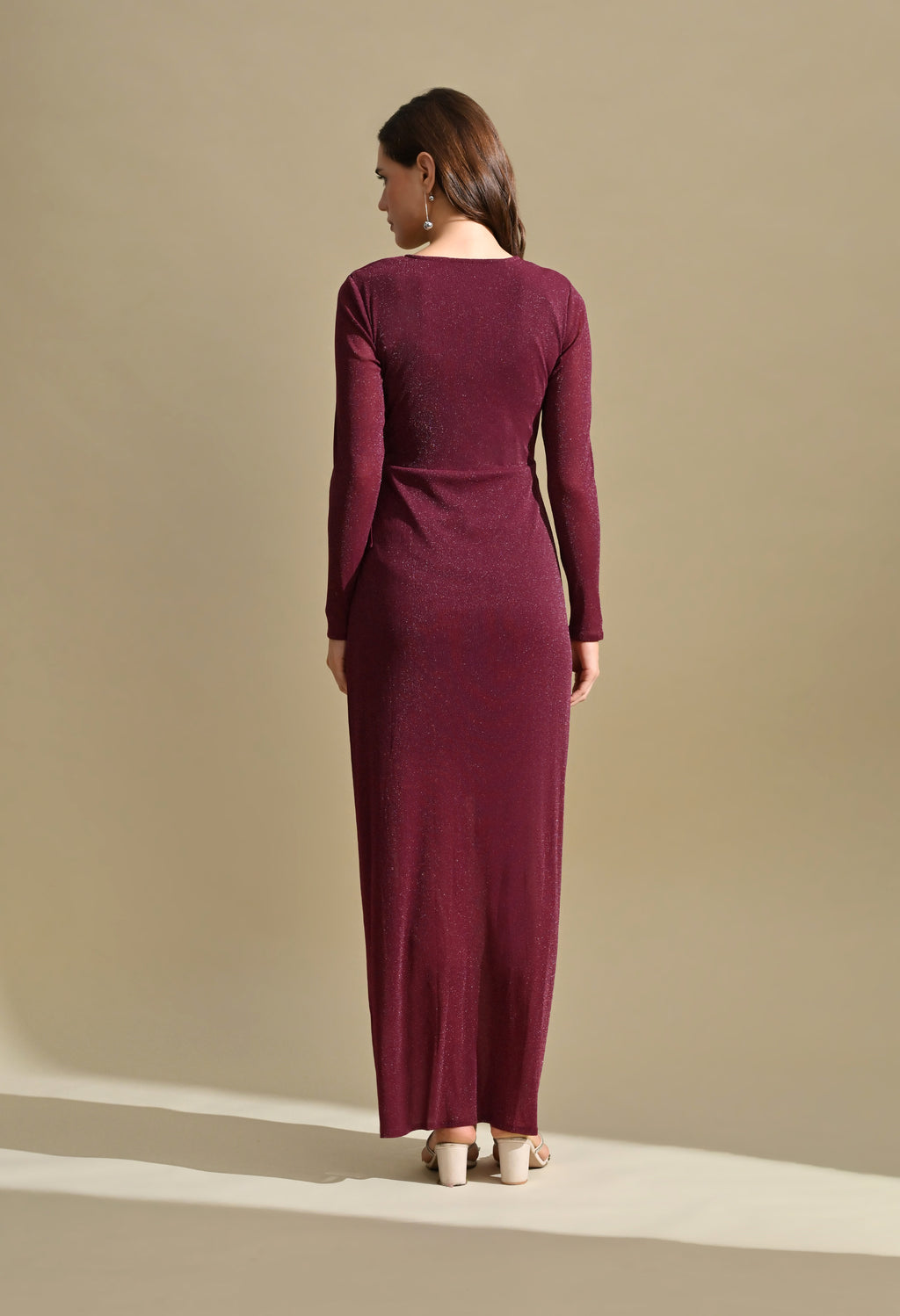 Ikonic Klaer Women Wine Shimmer V-Neck Draped Party Maxi Dress