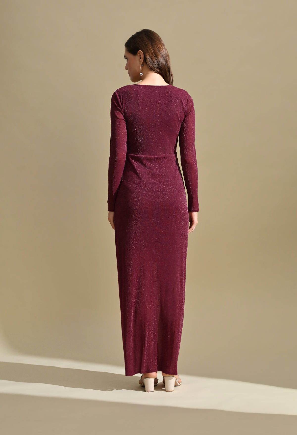 Ikonic Klaer Women Wine Shimmer V-Neck Draped Party Maxi Dress