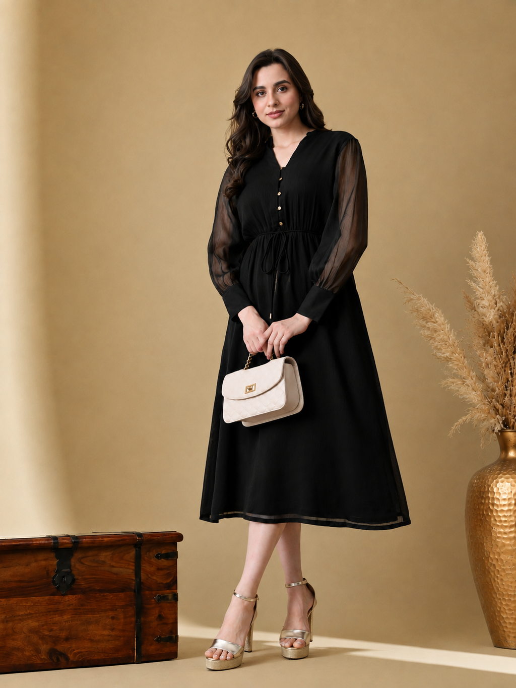 Women Black Solid V-Neck Tie-Up Waist Fit & Flare Midi Dress