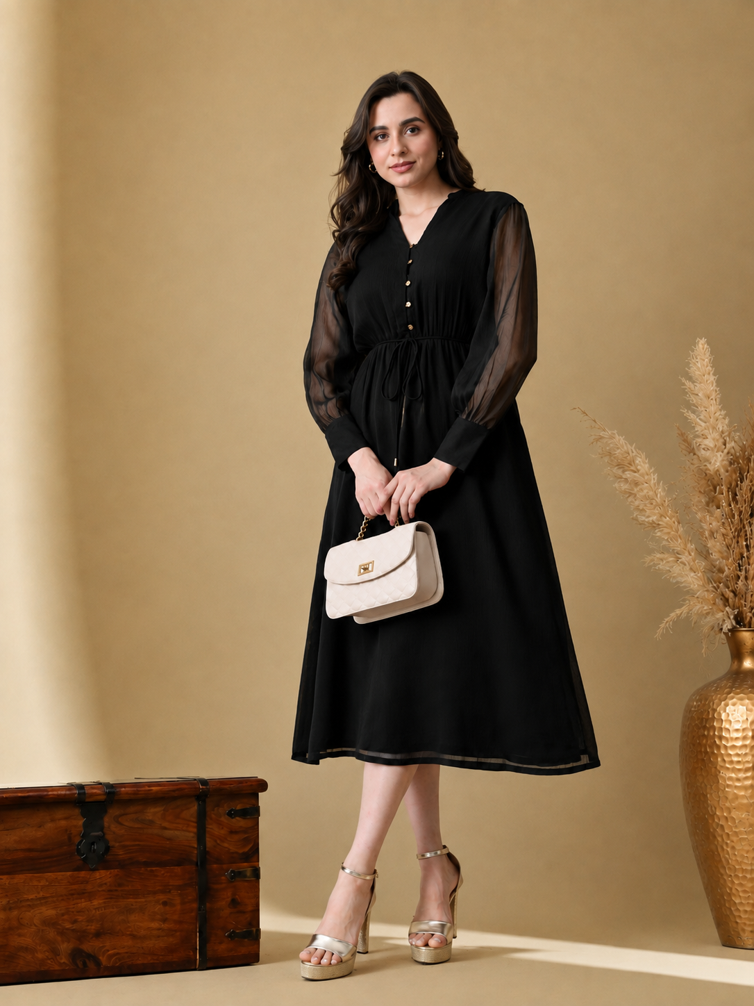 Women Black Solid V-Neck Tie-Up Waist Fit & Flare Midi Dress
