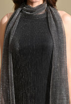 Women Black Metallic Halter Neck Pleated Maxi Dress
