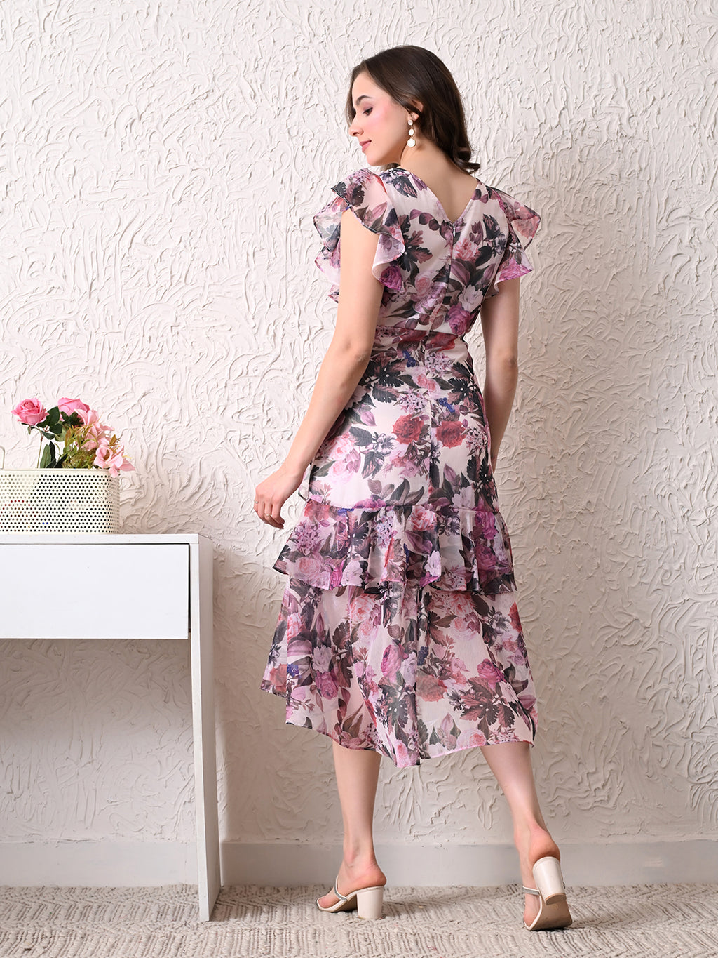 IKONIC KLAER Women Pink Floral Printed Wrap High-Low Midi Dress