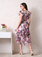 IKONIC KLAER Women Pink Floral Printed Wrap High-Low Midi Dress
