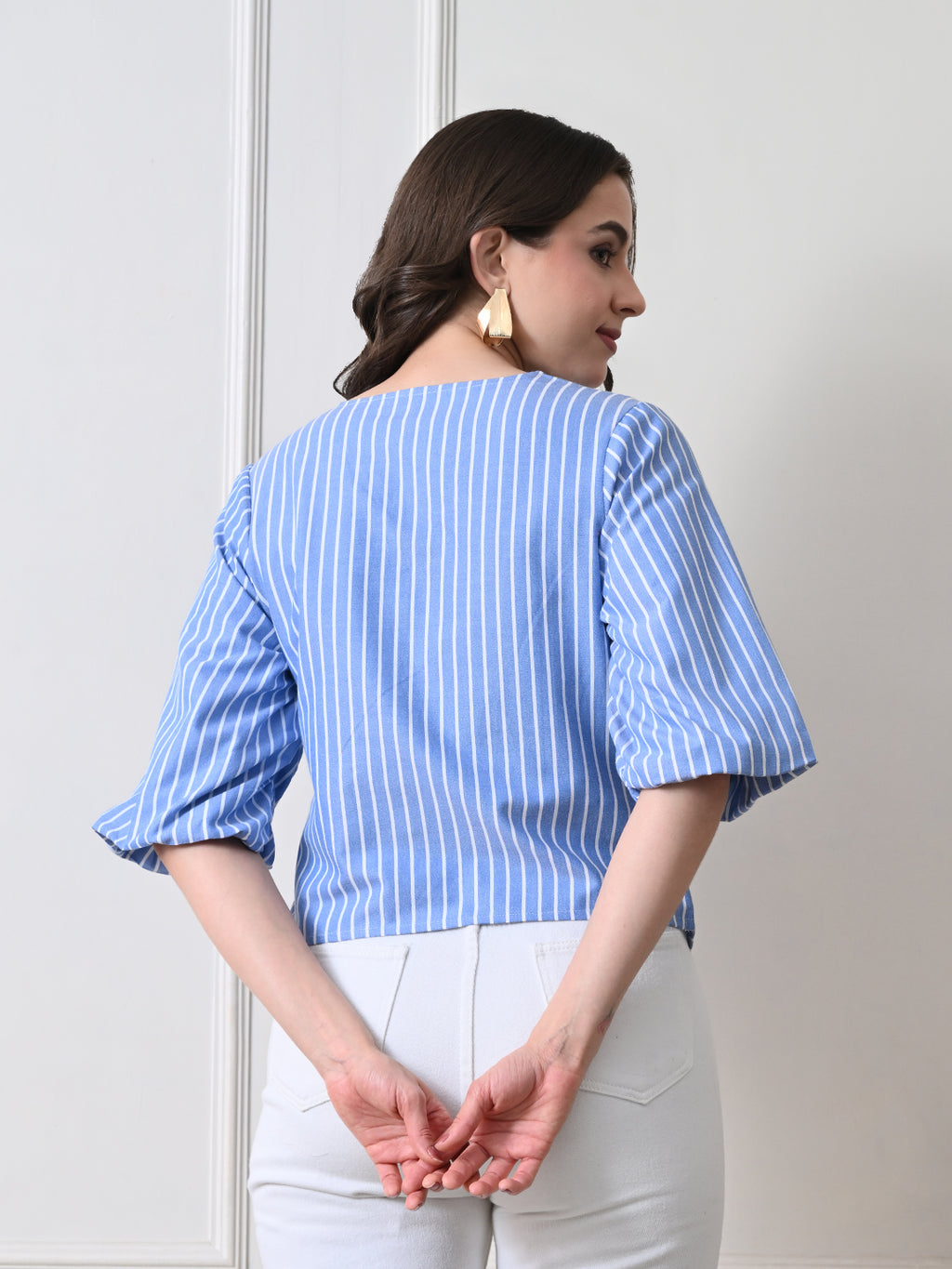 IKONIC KLAER Women Blue & White Striped Wrap Crop Top