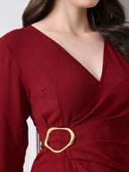 IKONIC KLAER Women Burgandy Solid Wrap Style Midi Dress with Metal Buckle Detail