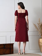 IKONIC KLAER Women Burgundy Solid Square Neck Puff Sleeve Midi Dress