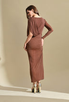 Ikonic Klaer Women Solid Shimmer One Shoulder Draped Midi Dress