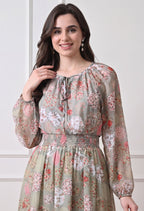 IKONIC KLAER Women Sage Green Floral Printed Fit & Flare Dress