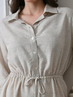 Women Beige Solid Shirt Collar Drawstring Waist Shirt Dress