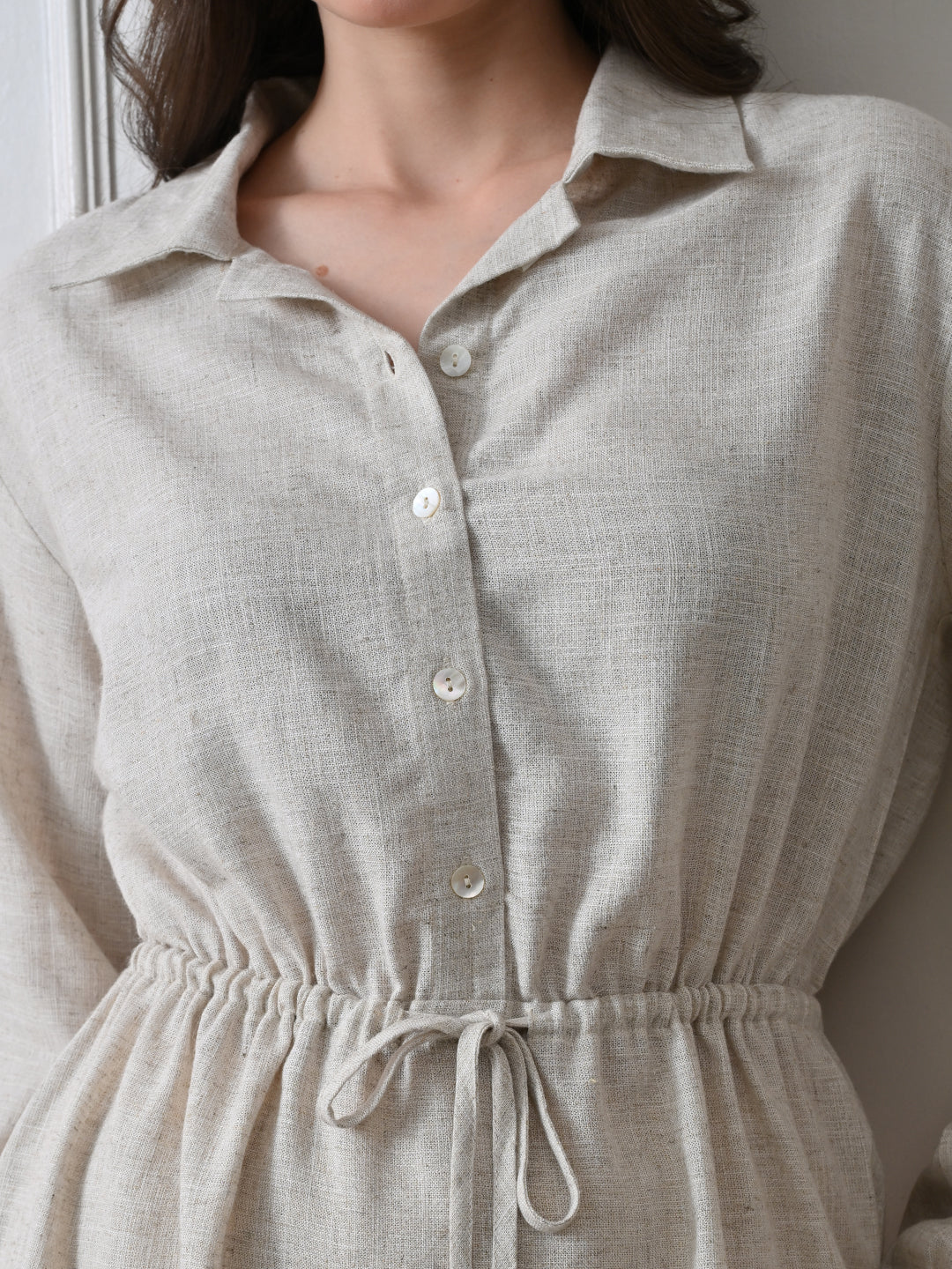 Women Beige Solid Shirt Collar Drawstring Waist Shirt Dress