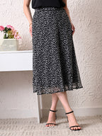 Women Black & White Printed A-Line Midi Skirt | Elasticated Waist | Lined Flared Skirt