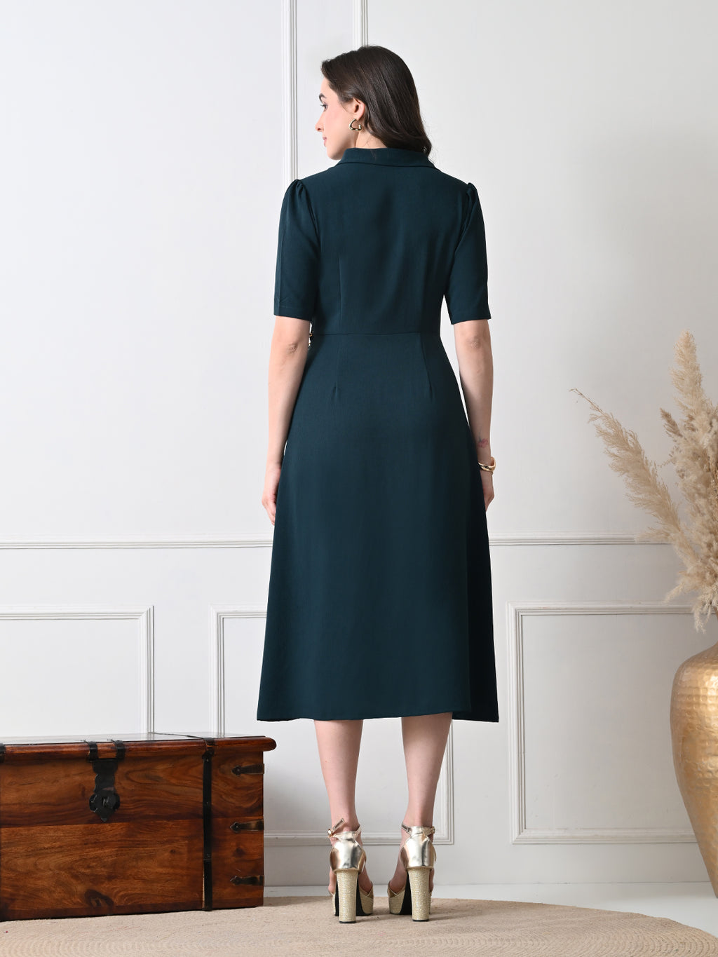 Women Solid Shirt Collar A-Line Midi Dress with Metal Chain Waist Detail