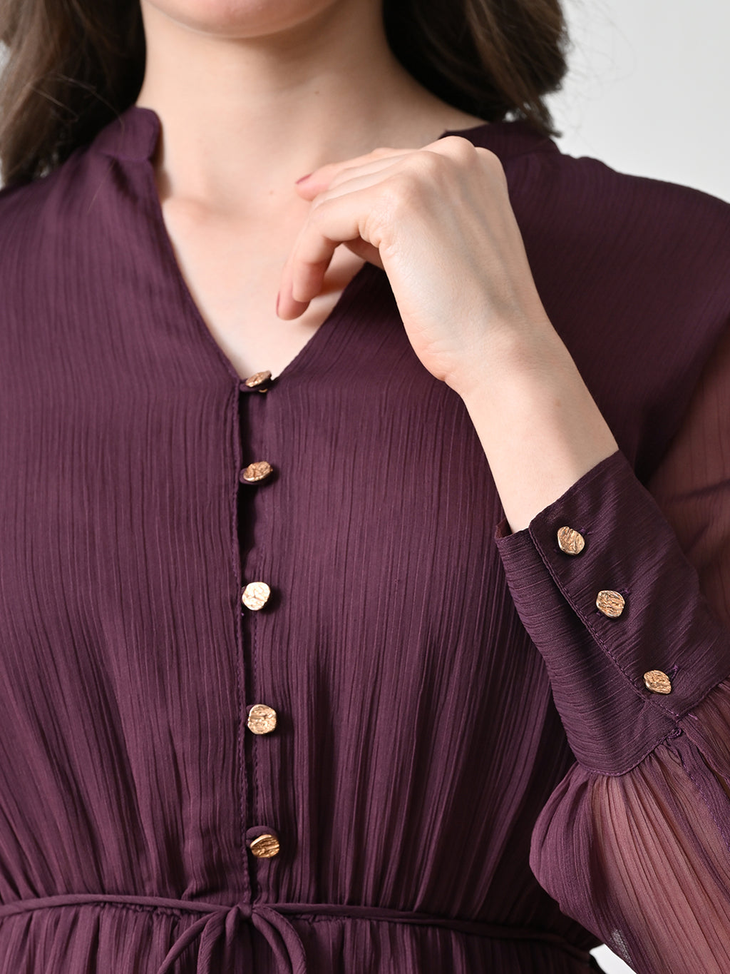 Women Purple Solid Long Sleeve Midi Dress