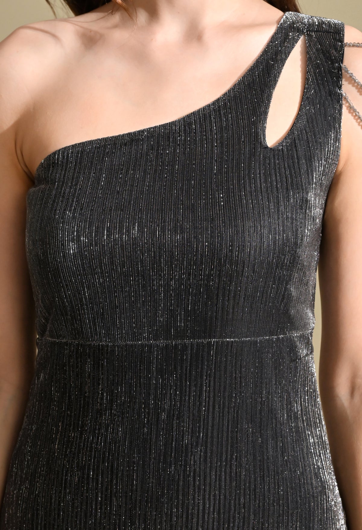 Women Black Metallic One Shoulder Bodycon Midi Dress