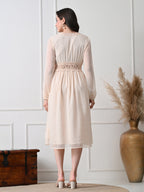 Women's Cream Self Design Lace Detail V-Neck Empire Midi Dress