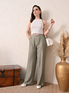IKONIC KLAER Olive Green Pinstriped Wide Leg Trousers for Women