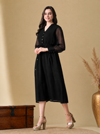 Women Black Solid V-Neck Tie-Up Waist Fit & Flare Midi Dress