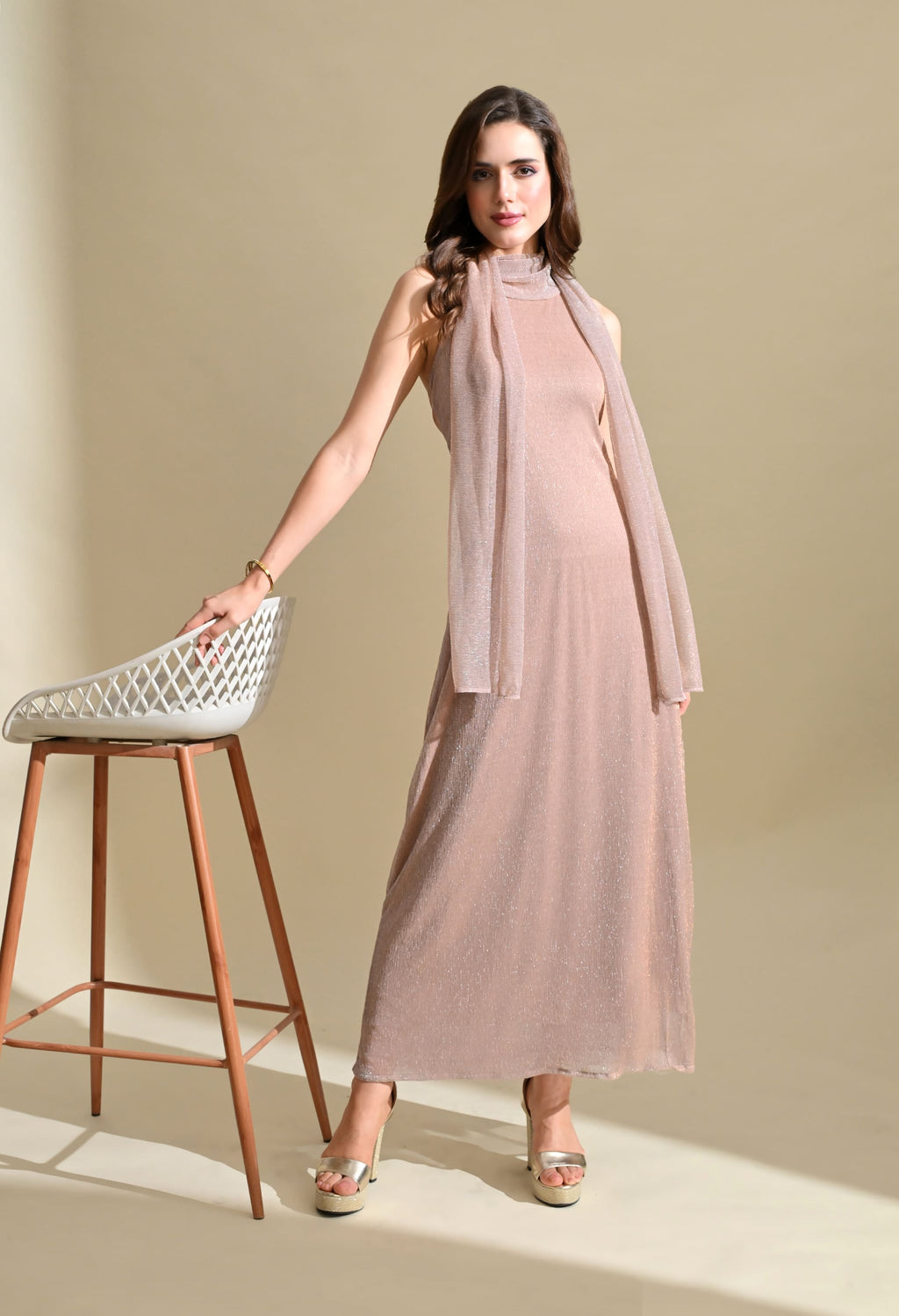 Ikonic Klaer Women Solid Shimmer High-Neck Maxi Dress with Draped Overlay
