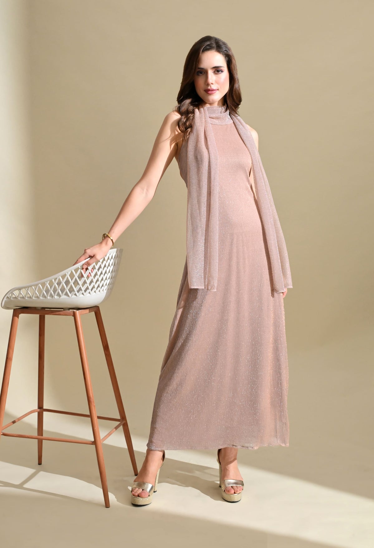 Ikonic Klaer Women Solid Shimmer High-Neck Maxi Dress with Draped Overlay